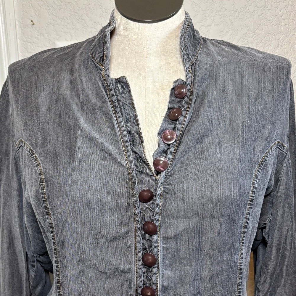 SHUKR Gray Denim Tunic Dress 2XL Mandarin Collar Button Front Modest Lagenlook - Picture 5 of 9